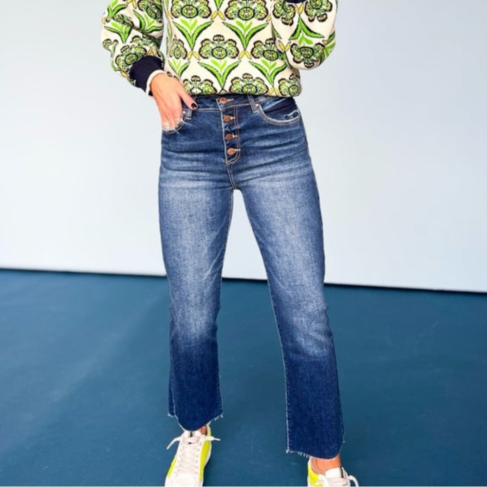 Risen Button Fly High Rise Ankle Flare Jeans